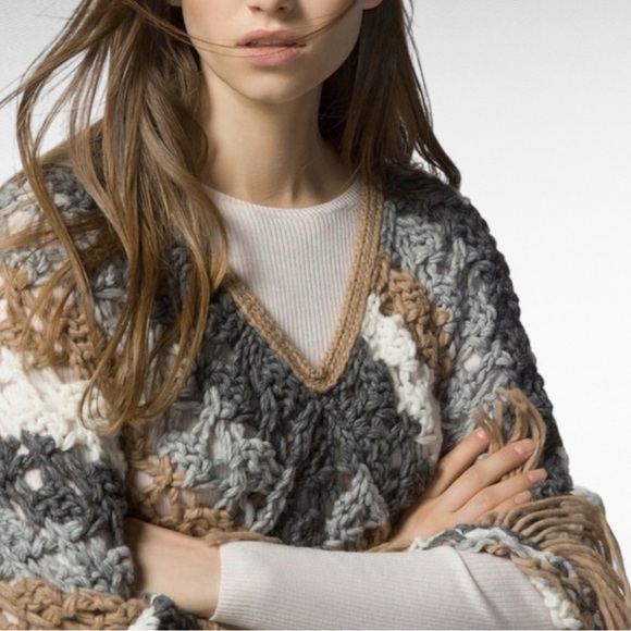 Massimo Dutti | Crochet Striped Poncho Alpaca Wool Blend Fringed Cozy Poncho - Picture 3 of 6